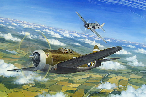brun stridsflygplan, himlen, figur, konst, fighters, amerikansk, flygplan, tysk, dogfight, WW2, Messerschmitt BF 109, Brewster Buffalo F2А, HD tapet HD wallpaper