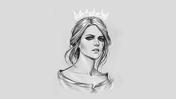 woman wearing crown sketch, The Witcher, The Witcher 3: Wild Hunt, green eyes, crown, fan art, Cirilla Fiona Elen Riannon, HD wallpaper