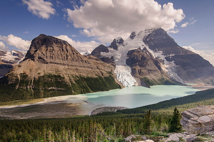 Natur, Landschaft, Berge, Bäume, Wald, Kanada, See, Schnee, Felsen, Wolken, Gletscher, HD-Hintergrundbild