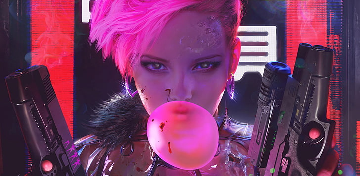 donna dai capelli rosa che tiene carta da parati pistola, viso, fantasy art, cyberpunk, Maciej Kuciara, Sfondo HD