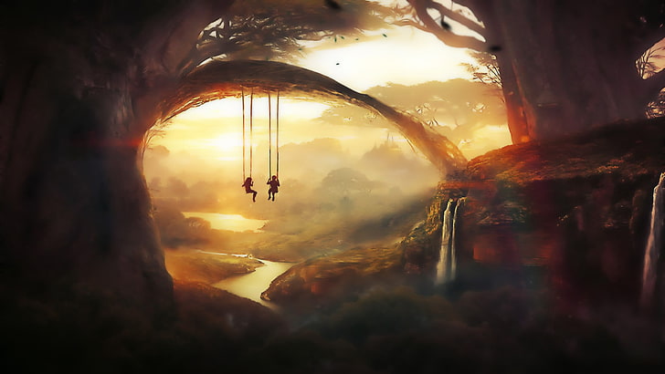 two person riding on swing digital wallpaper, two person on swing near body of water illustration, artwork, fantasy art, digital art, forest, nature, painting, swings, children, waterfall, HD wallpaper