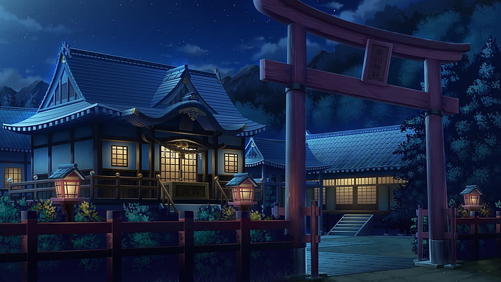 ilustracja szarego domu, anime, torii, dzieło sztuki, dom, latarnia, ogrodzenie, światła, noc, architektura azjatycka, Tapety HD