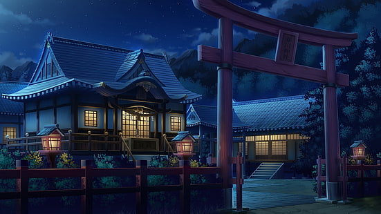 ilustrasi rumah abu-abu, anime, torii, karya seni, rumah, lentera, pagar, lampu, malam, arsitektur Asia, Wallpaper HD HD wallpaper