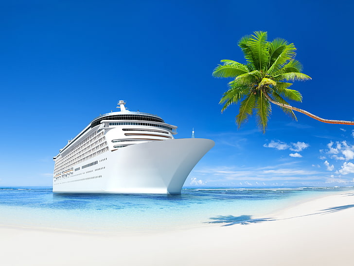 белый круизный корабль, закрепленный на береговой линии иллюстрации, море, пляж, тропики, отдых, корабль, праздник, HD обои