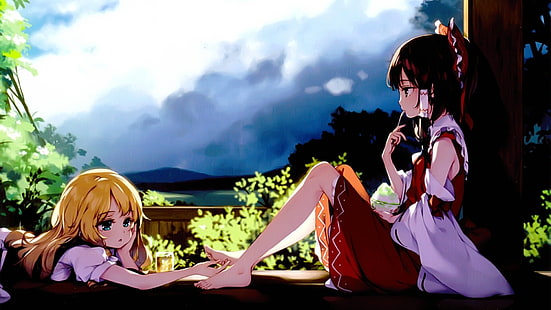 gadis anime, solo, anime, Touhou, Kirisame Marisa, Hakurei Reimu, kaki, tanpa alas kaki, Wallpaper HD HD wallpaper