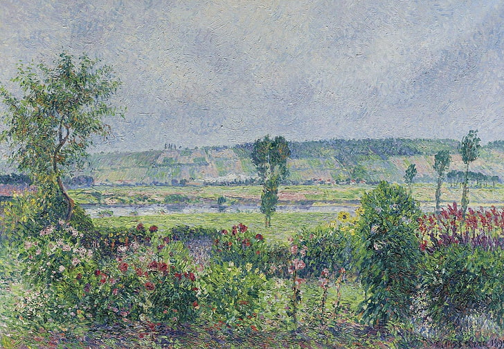 landscape, picture, Camille Pissarro, Valley of the Seine near Dumps. Garden Of Octave Mirbeau, HD wallpaper