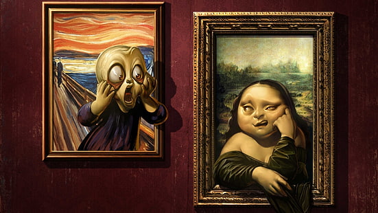 Мона Лиза, живопис, крещи, стена, произведения на изкуството, рамки за картини, Леонардо да Винчи, Едвард Мунк, хумор, HD тапет HD wallpaper