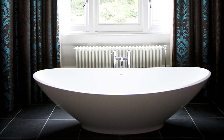 продълговата бяла вана, баня, стая, стил, модерен, HD тапет