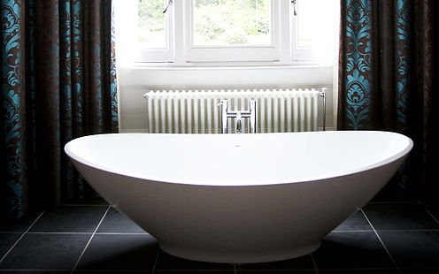 продолговатая белая ванна, санузел, комната, стиль, модерн, HD обои HD wallpaper