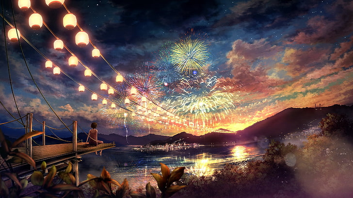 wallpaper kembang api dan lentera, anime, cina, kota, awan, kembang api, gadis, pemandangan, lentera, indah, pohon, Wallpaper HD