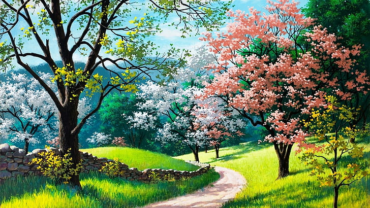 cherry blossom, blossom, tree, summer, life, nature, spring, flower, field, branch, painting art, flora, grass, sky, plant, sunlight, HD wallpaper