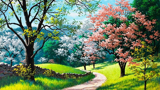 cherry blossom, blossom, tree, summer, life, nature, spring, flower, field, branch, painting art, flora, grass, sky, plant, sunlight, HD wallpaper HD wallpaper