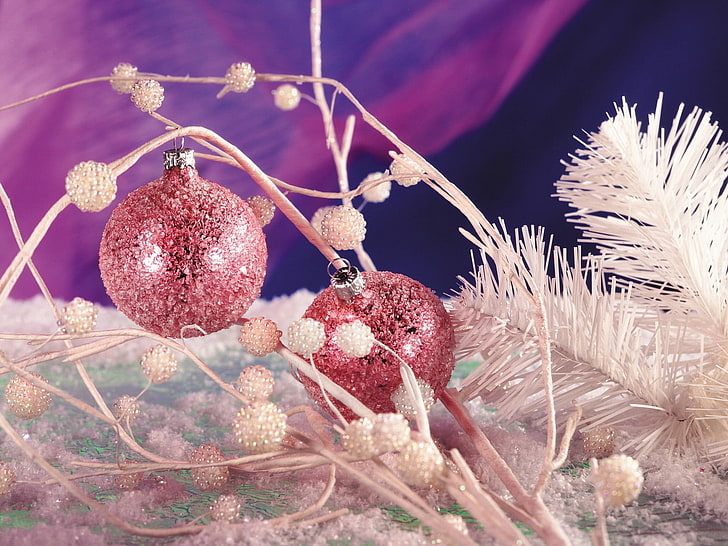 two pink baubles, christmas, new year, ornaments, cosiness, spheres, branch, red, HD wallpaper