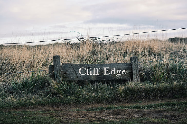 Cliff Edge signage, signboard, inscription, field, grass, HD wallpaper