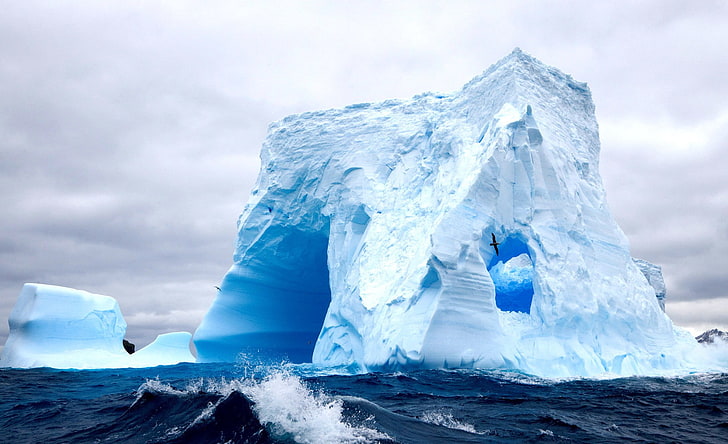 айсберг, море, зима, горы, белый, вода, голубой, волны, лед, птицы, пасмурно, синий, HD обои