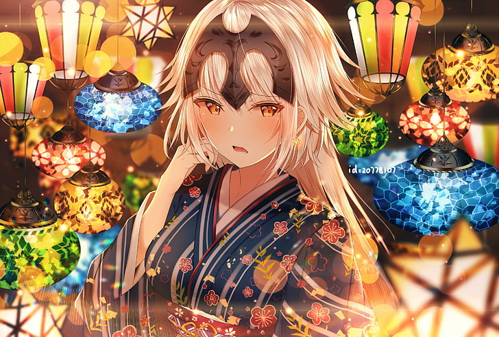 jeanne d'arc, kimono, lanterns, fate grand order, cute, shy expression, Anime, HD wallpaper