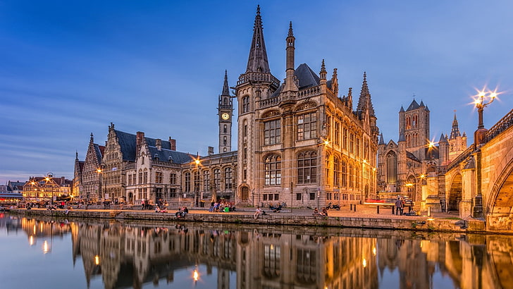 spire, belgium, gent, europe, eu, architecture, plaza, building, river, evening, waterway, cityscape, cathedral, medieval architecture, city, historic site, tourist attraction, dusk, landmark, reflection, HD wallpaper