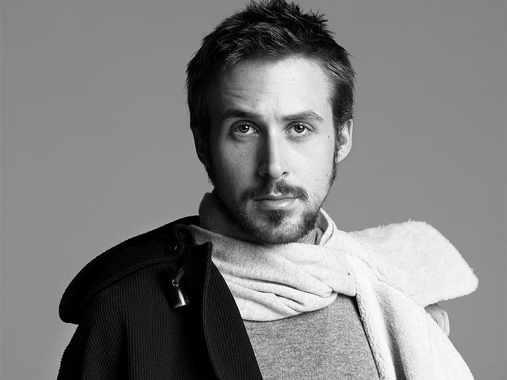 Ryan Gosling, ryan gosling, actor, scarf, brunet, beard, black white, HD wallpaper