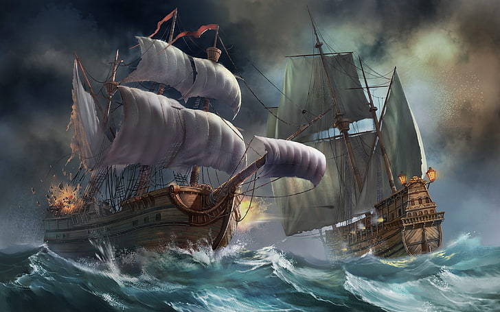 due navi a vela marroni sul corpo di acqua sfondo, mare, onda, tempesta, barca a vela, navi, battaglia, art, Sfondo HD