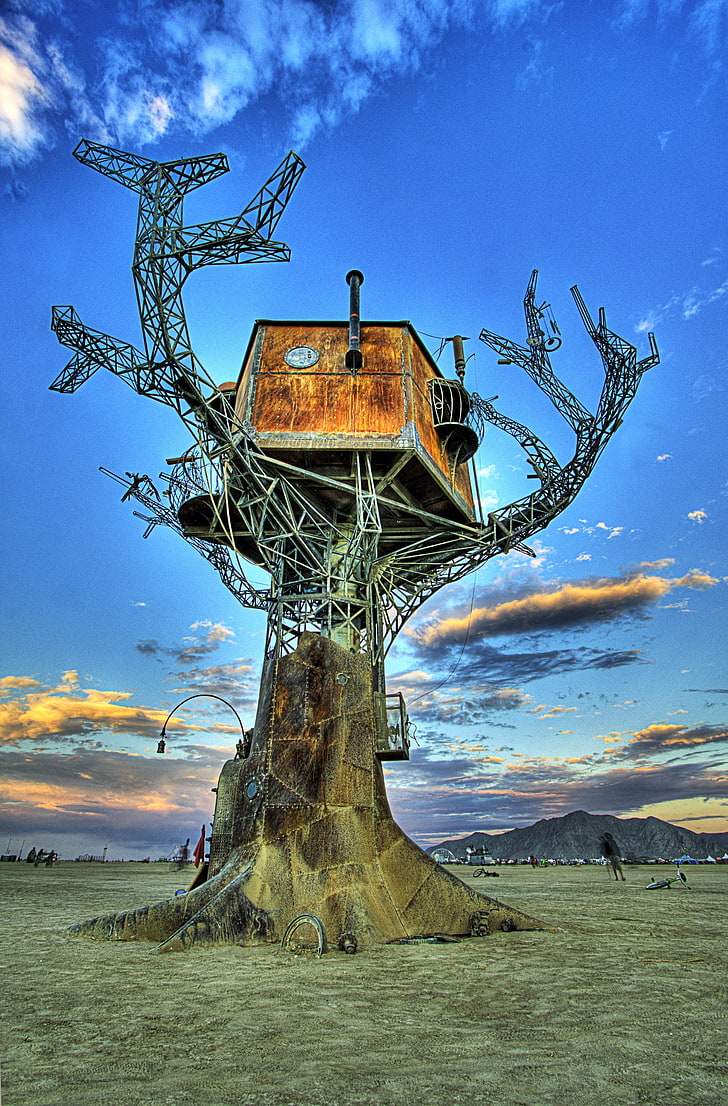 brown tree house illustration, steampunk, metal, Burning Man, desert, portrait display, festivals, house, trees, clouds, rust, construction, mountains, nature, HDR, HD wallpaper