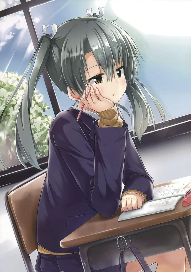 anime, anime girls, Kantai Collection, Zuikaku (KanColle), sweater, long hair, gray hair, HD wallpaper
