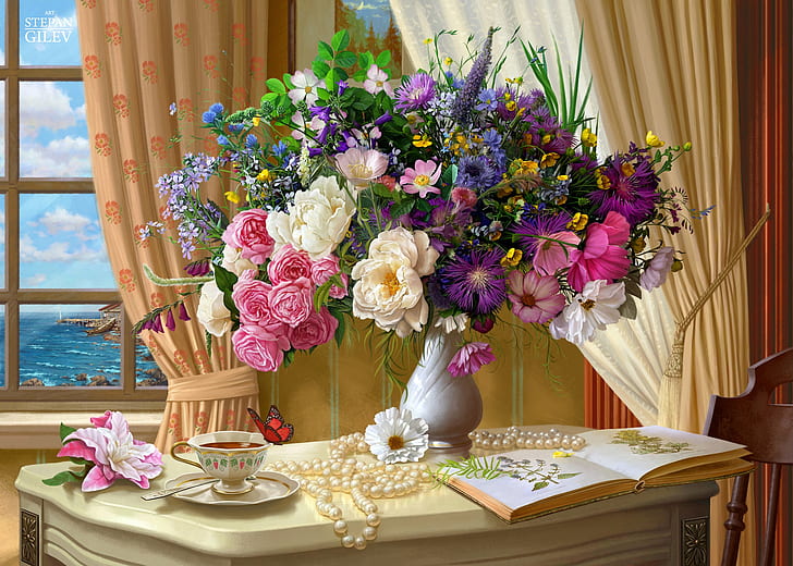 flowers, table, tea, butterfly, bouquet, window, art, Cup, pearl, vase, curtains, painting, the room, HD wallpaper