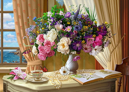 fiori, tavola, tè, farfalla, mazzo di fiori, finestra, arte, coppa, perla, vaso, tende, pittura, la stanza, Sfondo HD HD wallpaper