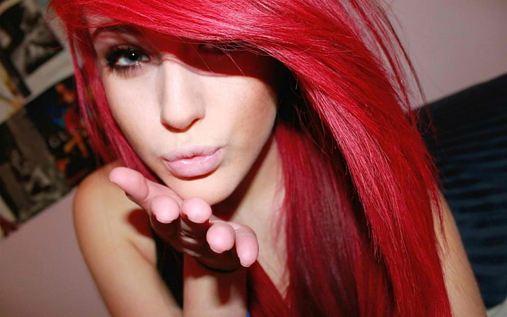 women's red top, redhead, kissing, women, lips, model, face, hands, HD wallpaper