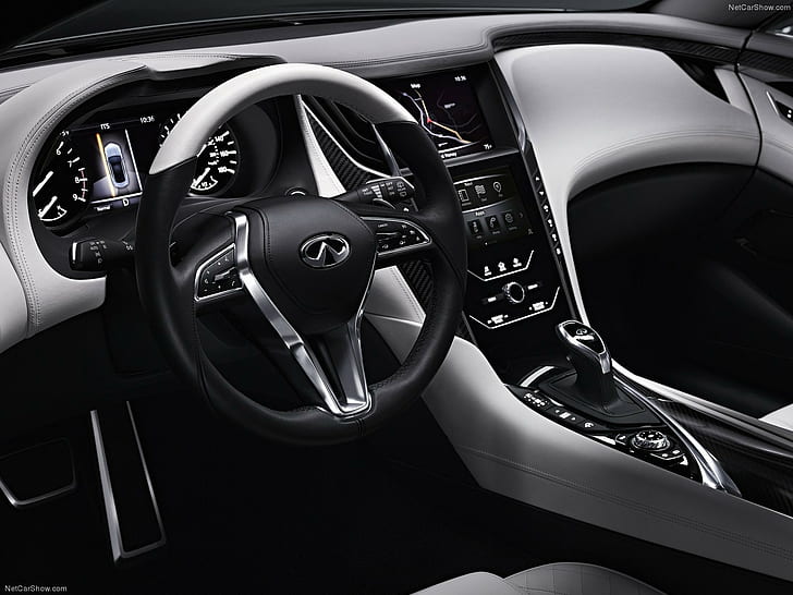 Infiniti, 2015 Infiniti Q60 Coupe, twin-turbo, samochody koncepcyjne, samochody wyścigowe, srebro, wnętrza pojazdów, Tapety HD
