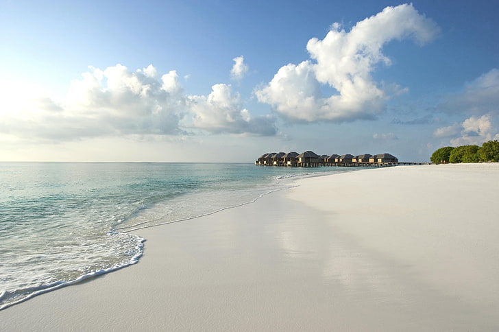 wybrzeże i akwen, Malediwy, plaża, piasek, morze, tropik, Tapety HD