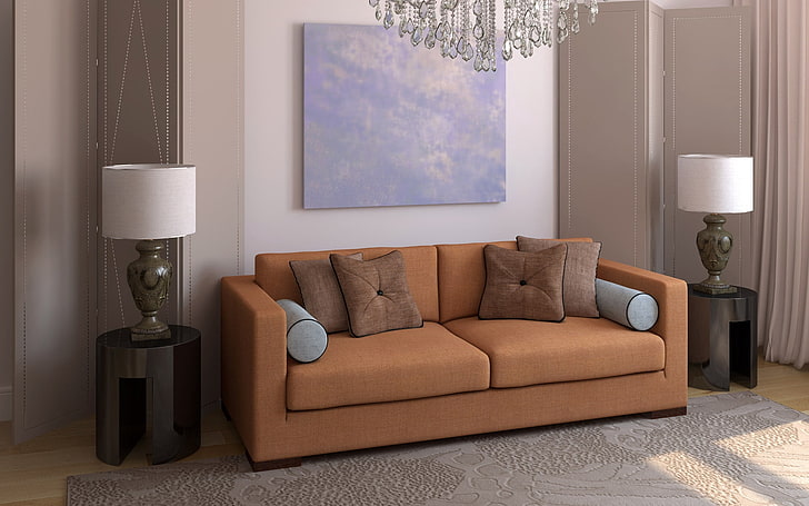 коричневый кожаный диван с 2 подушками, диван, дизайн, дизайн интерьера, квартира, комната, коричневый, светильники, подушки, простор, стиль, комфорт, HD обои