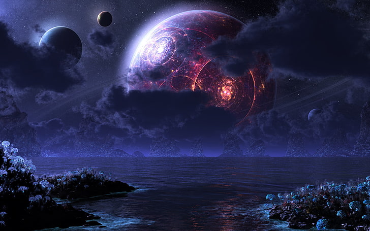 illustration de la planète ronde violet et noir, mer, nuit, la lune, planète, numérique, lune de phraxis, Fond d'écran HD