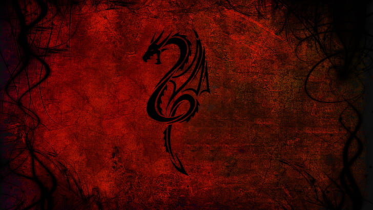 Red HD, black dragon silhouette, abstract, red, HD wallpaper
