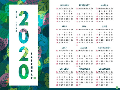 kalendarz, 2020 (rok), liczby, miesiąc, liście, Tapety HD HD wallpaper
