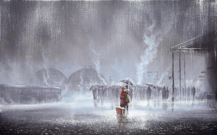 illustration av två personer under grått paraply under regnigt väder, kärlek, människor, regn, kvinna, möte, station, kyss, bild, bilen, paraplyer, man, resväska, två, Jeff Rowland, HD tapet