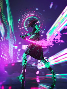 verticale, neon, cyberpunk, futuristico, samurai, cinema 4D, fantascienza, Sfondo HD HD wallpaper