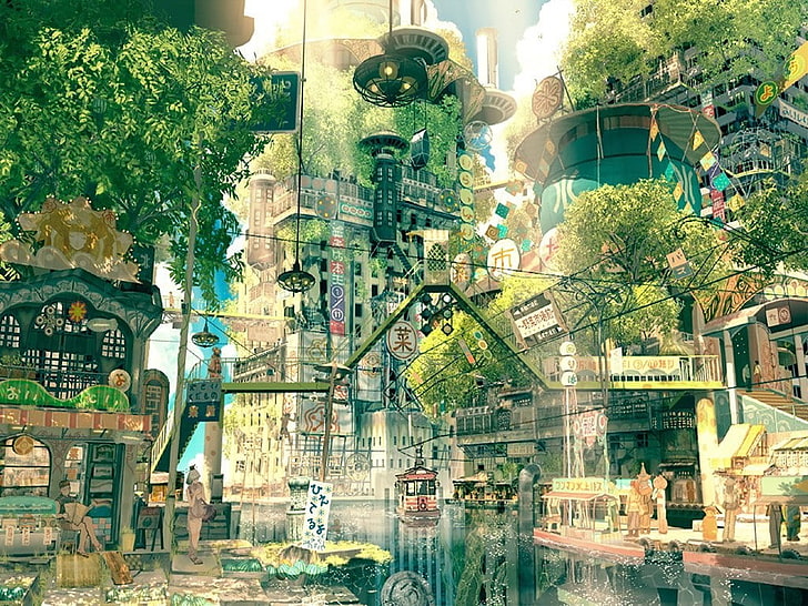 город, деревья, улица, фэнтези-сити, Япония, Imperial Boy, цифровое искусство, фэнтези-арт, аниме, HD обои