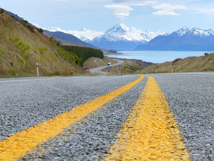 landscape photography of wining road leading to snowy mountain during daytime, mount cook, nz, mount cook, nz, Road to, Mount Cook, NZ, landscape photography, snowy mountain, daytime, Panasonic, DMC, mt Cook, new Zealand, Road markings, line, passing, geo tagged, photos, mountain, road, nature, asphalt, landscape, highway, outdoors, scenics, travel, HD wallpaper