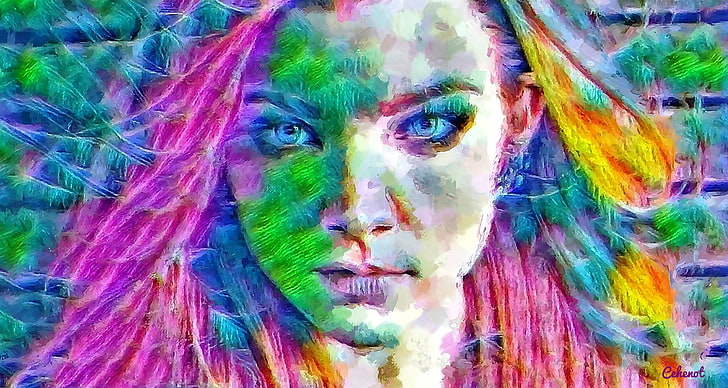 Natalie Dormer, berwarna-warni, seni, kuning, cehenot, abstrak, wanita, gadis, hijau, aktris, lukisan, wajah, pictura, pink, biru, Wallpaper HD