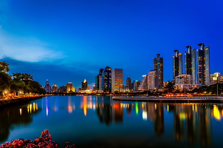 lighted high-rise building near calm water under blue sky wallpaper, Bangkok, Nightscape, Thailand, 4K, HD wallpaper