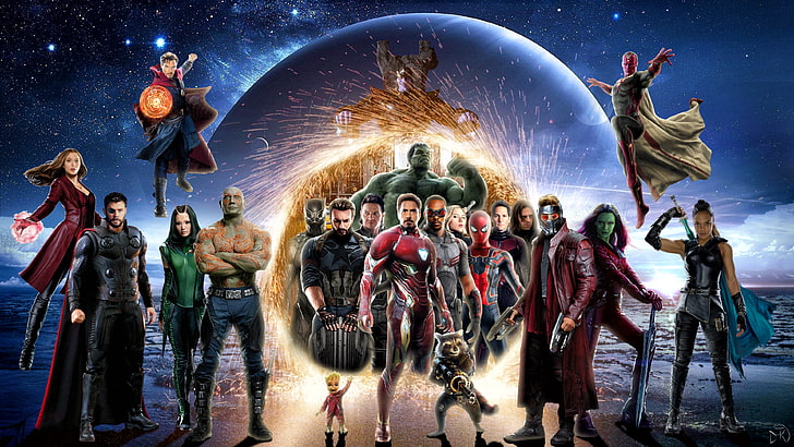 Avengers Infinity War, filmy, filmy 2018, hd, 4k, artysta, grafika, deviantart, iron man, hulk, kapitan ameryka, star lord, gamora, groot, rakietowy szop, drax niszczyciel, thor, wizja, doktor dziwny, spiderman, mrówka, czarna wdowa, czarna pantera, modliszka, Tapety HD