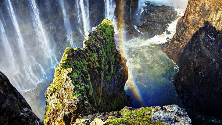 rocky waterfalls, nature, waterfall, landscape, rock, HD wallpaper