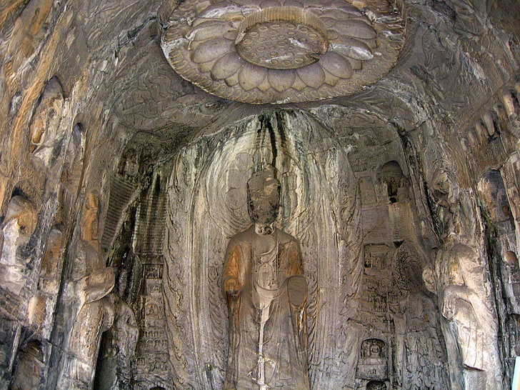 brown concrete figure, longman grottoes, cave, stone, shape, ceiling, HD wallpaper