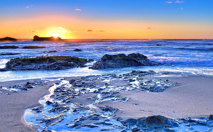 blaue Gewässer, Natur, Sonnenlicht, Meer, Strand, Sonnenuntergang, Cyan, Wellen, Horizont, HD-Hintergrundbild