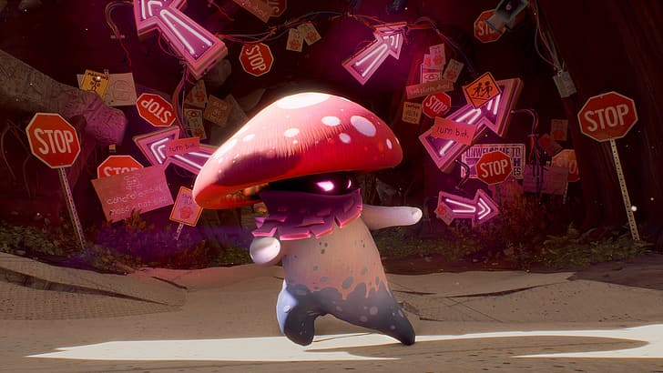 Plants vs. Zombies, red, Amanita muscaria, signs, neon sign, stop sign, video game art, mushroom, red eyes, video games, HD wallpaper