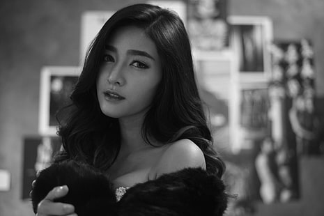 Koko Rosjares, asiatisk, modell, Thailand, svartvitt, kvinnor, HD tapet HD wallpaper