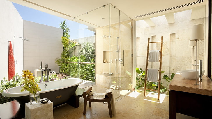 مجموعة أثاث الحمام ، حمام رائع ، منشفة ، دش ، زجاج، خلفية HD