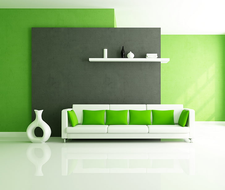 divano e cuscini in pelle blu, bianco, design, verde, stile, divano, interno, cuscino, mensola, Sfondo HD
