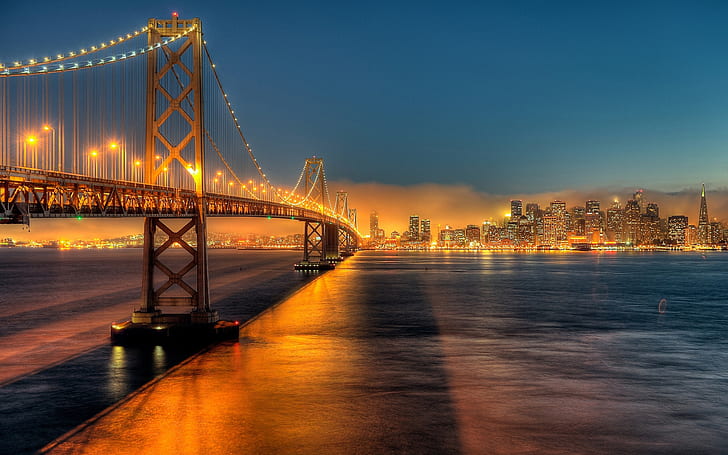 Estados Unidos, California, San Francisco, Bay Bridge, ciudad, noche, luces, puente Golden Gate, Estados Unidos, California, San Francisco, Bay, puente, ciudad, noche, luces, Fondo de pantalla HD