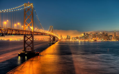 Estados Unidos, California, San Francisco, Bay Bridge, ciudad, noche, luces, puente Golden Gate, Estados Unidos, California, San Francisco, Bay, puente, ciudad, noche, luces, Fondo de pantalla HD HD wallpaper